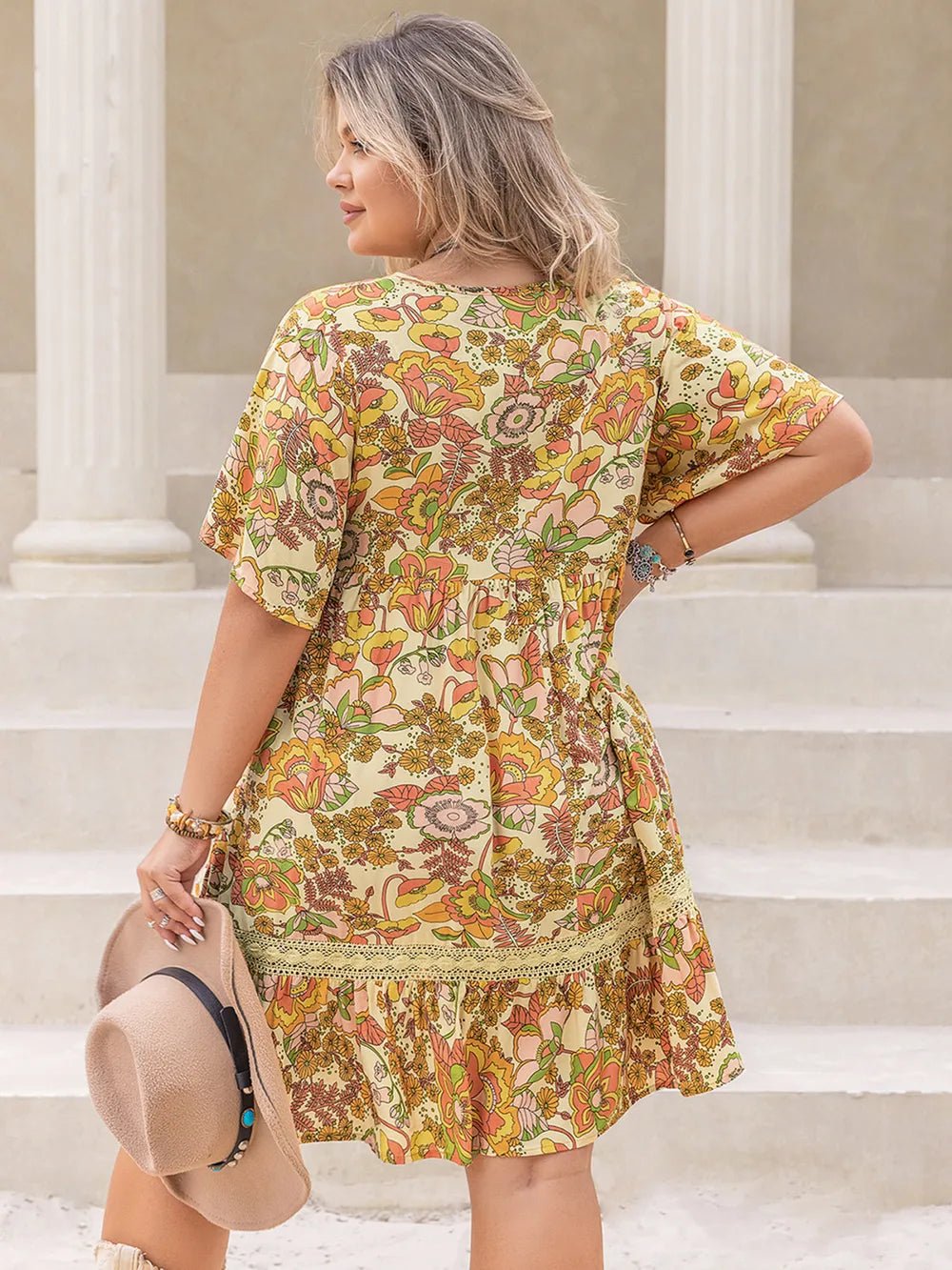 Plus Size Printed Tie Neck Short Sleeve Mini Dress - Lookzlike