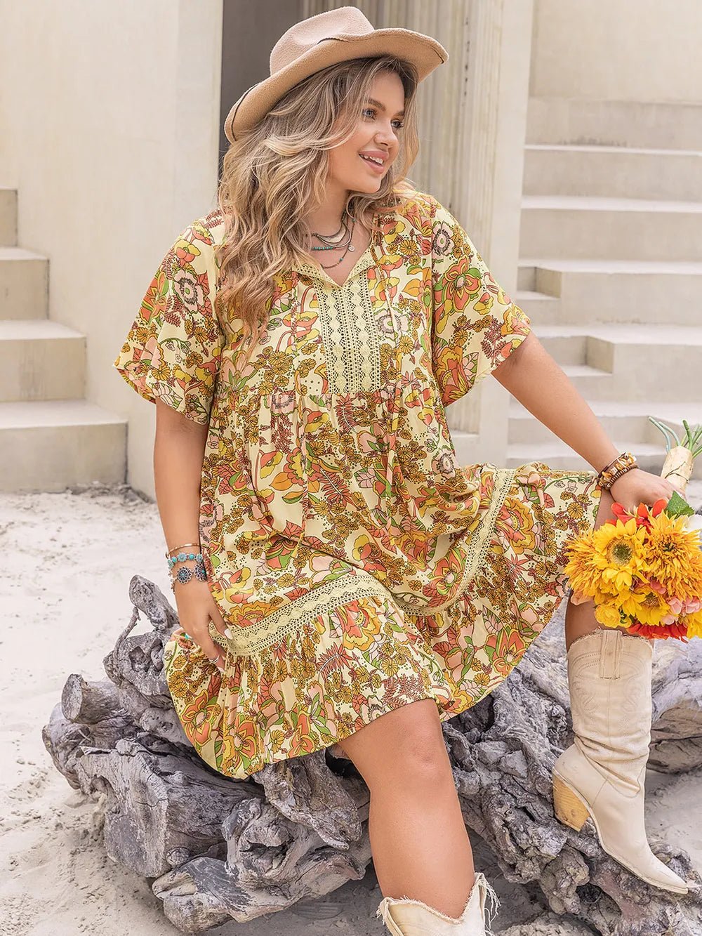 Plus Size Printed Tie Neck Short Sleeve Mini Dress - Lookzlike