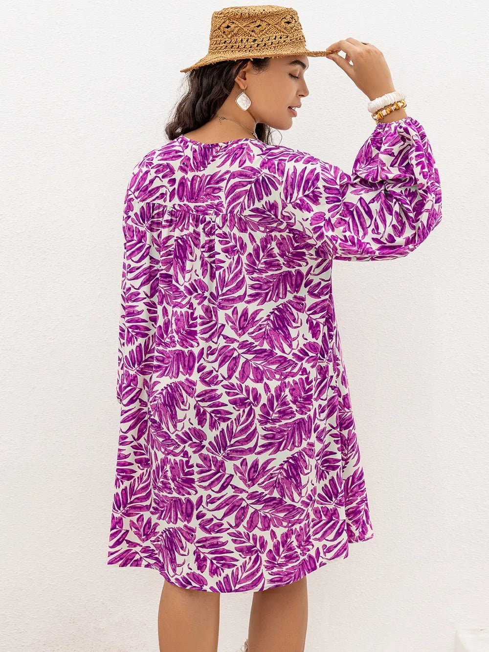 Plus Size Printed V-Neck Balloon Sleeve Mini Dress - Lookzlike