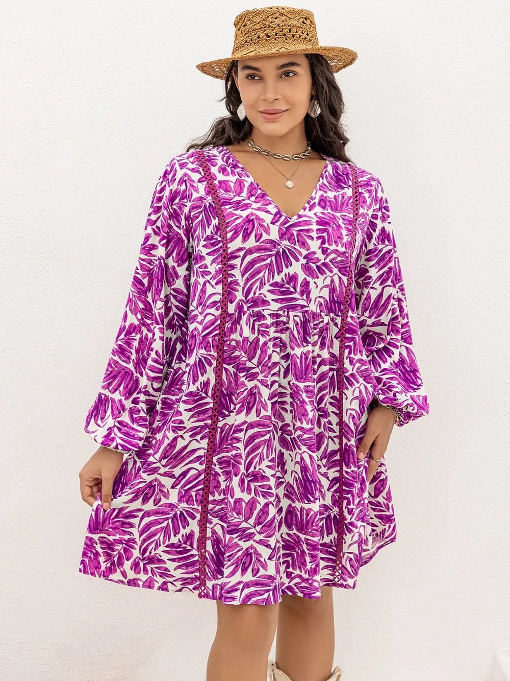 Plus Size Printed V-Neck Balloon Sleeve Mini Dress - Lookzlike