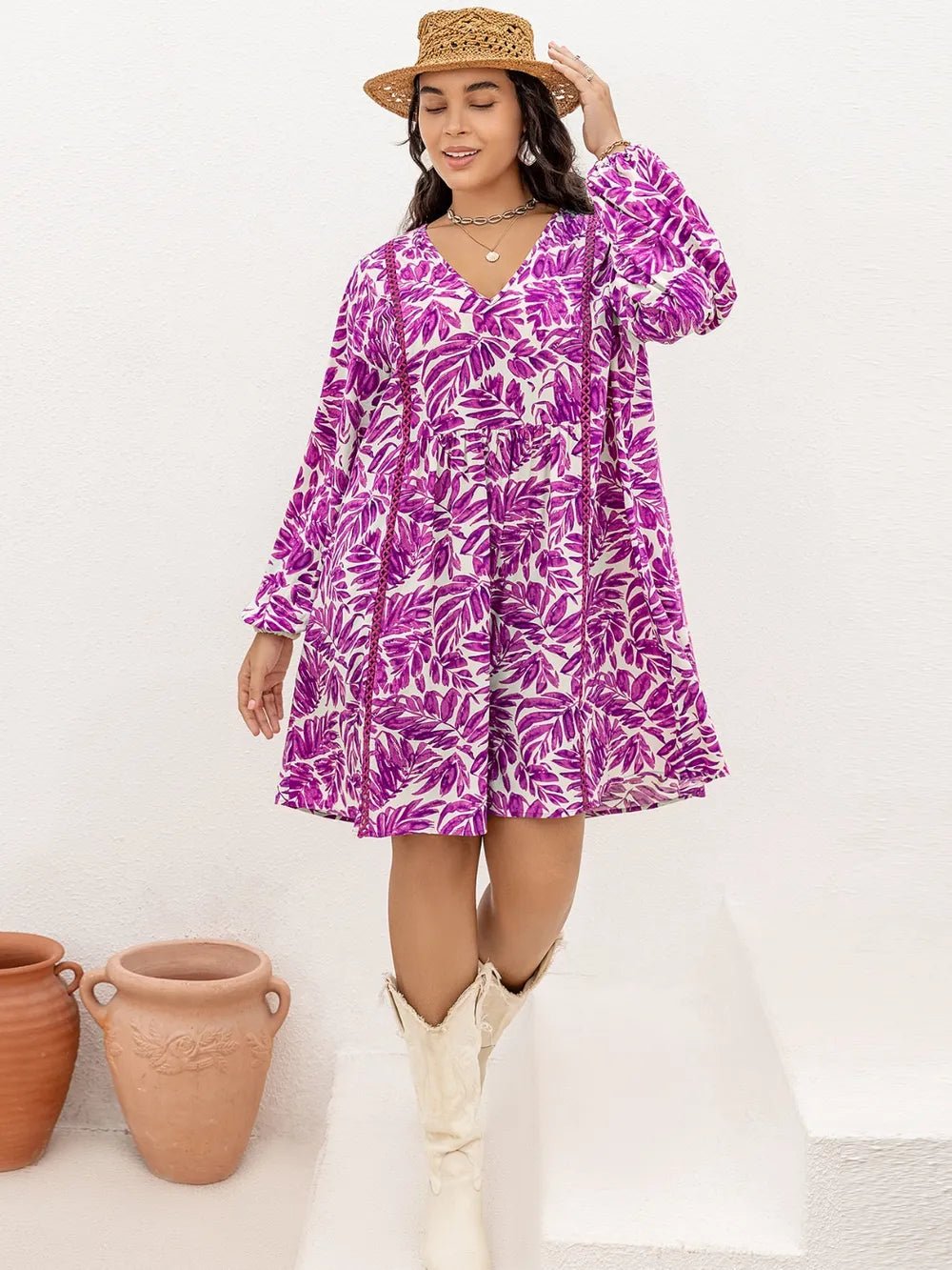 Plus Size Printed V-Neck Balloon Sleeve Mini Dress - Lookzlike