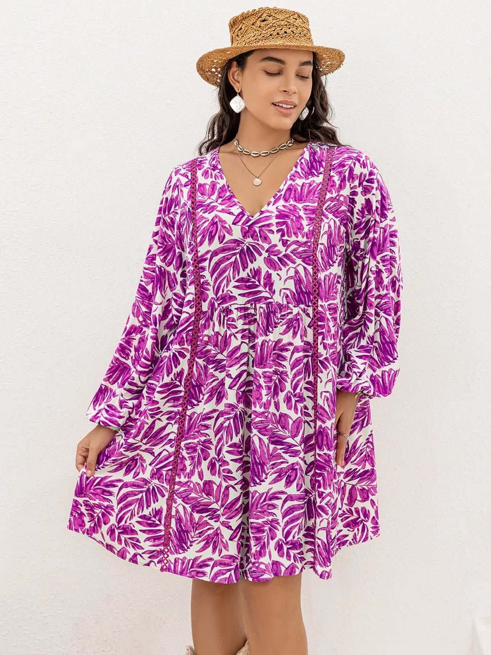 Plus Size Printed V-Neck Balloon Sleeve Mini Dress - Lookzlike