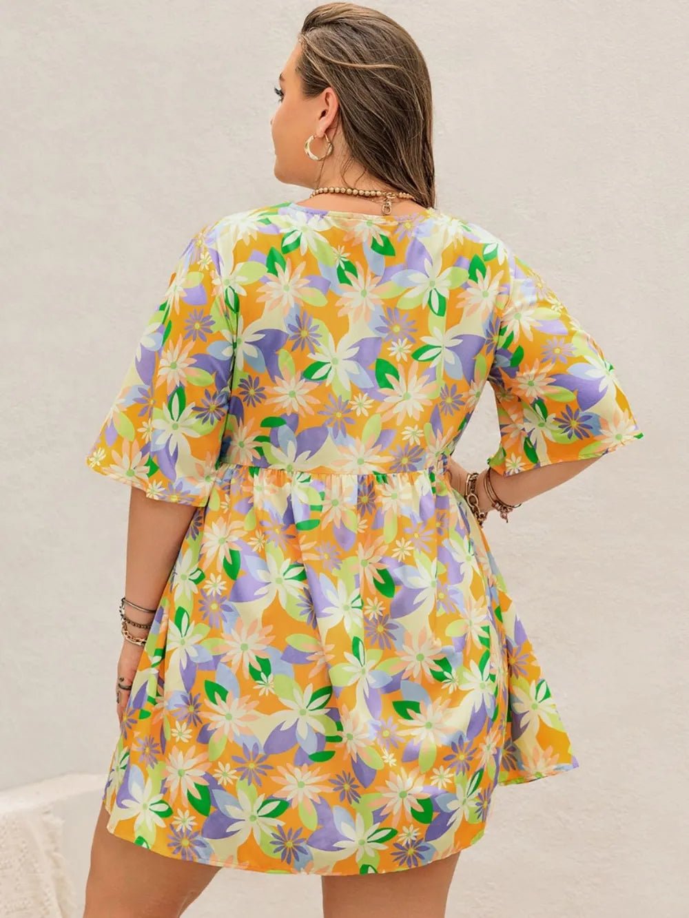 Plus Size Printed V-Neck Half Sleeve Mini Dress - Lookzlike