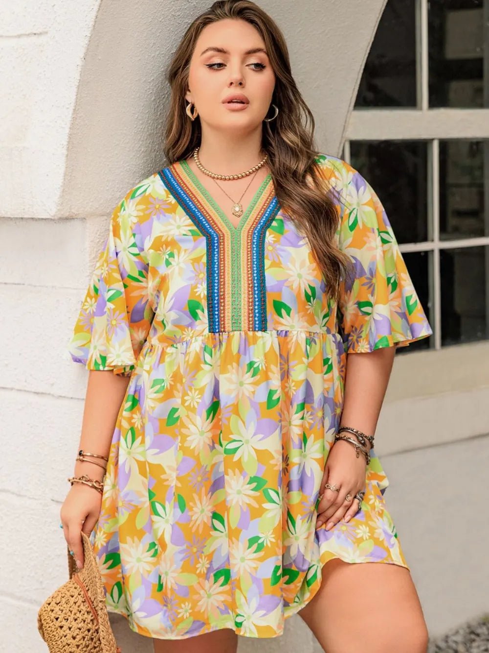 Plus Size Printed V-Neck Half Sleeve Mini Dress - Lookzlike