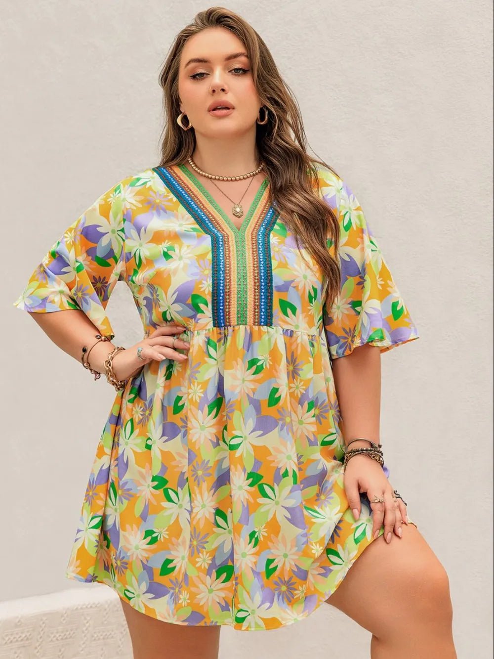 Plus Size Printed V-Neck Half Sleeve Mini Dress - Lookzlike