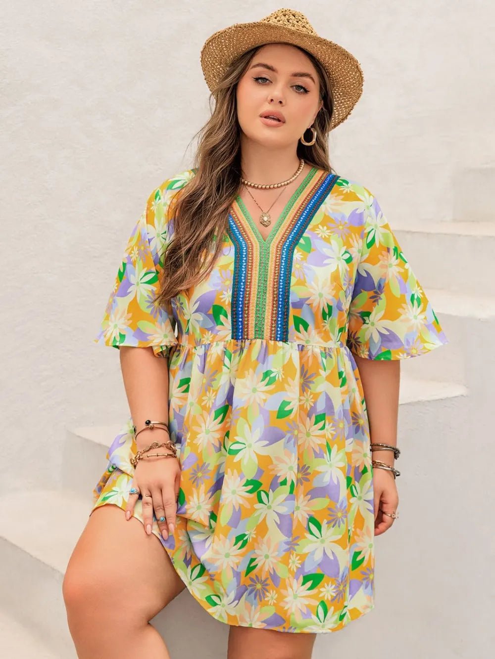 Plus Size Printed V-Neck Half Sleeve Mini Dress - Lookzlike