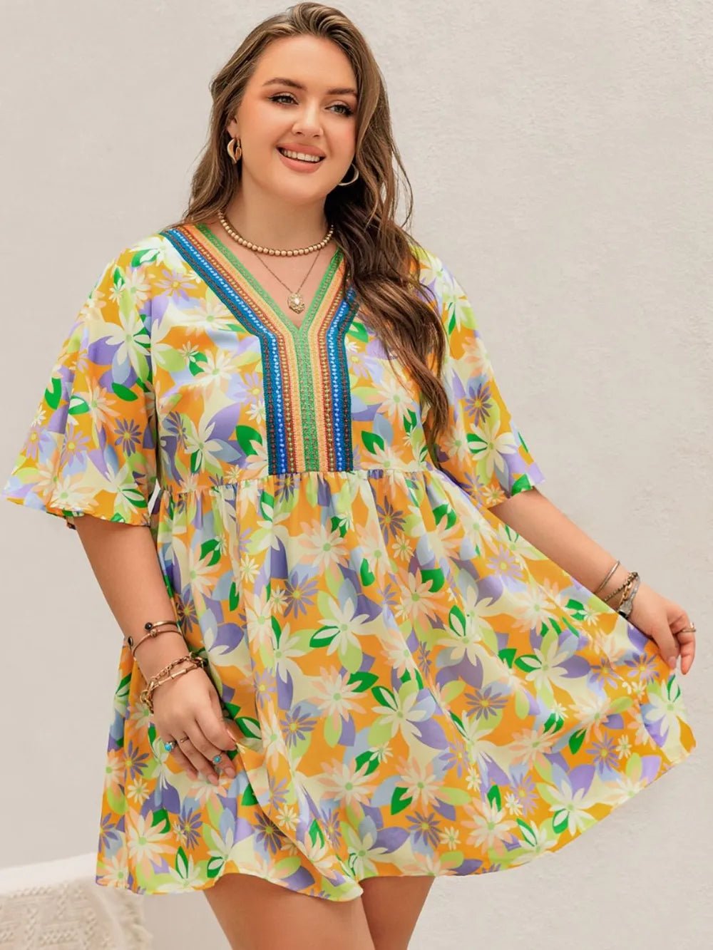 Plus Size Printed V-Neck Half Sleeve Mini Dress - Lookzlike