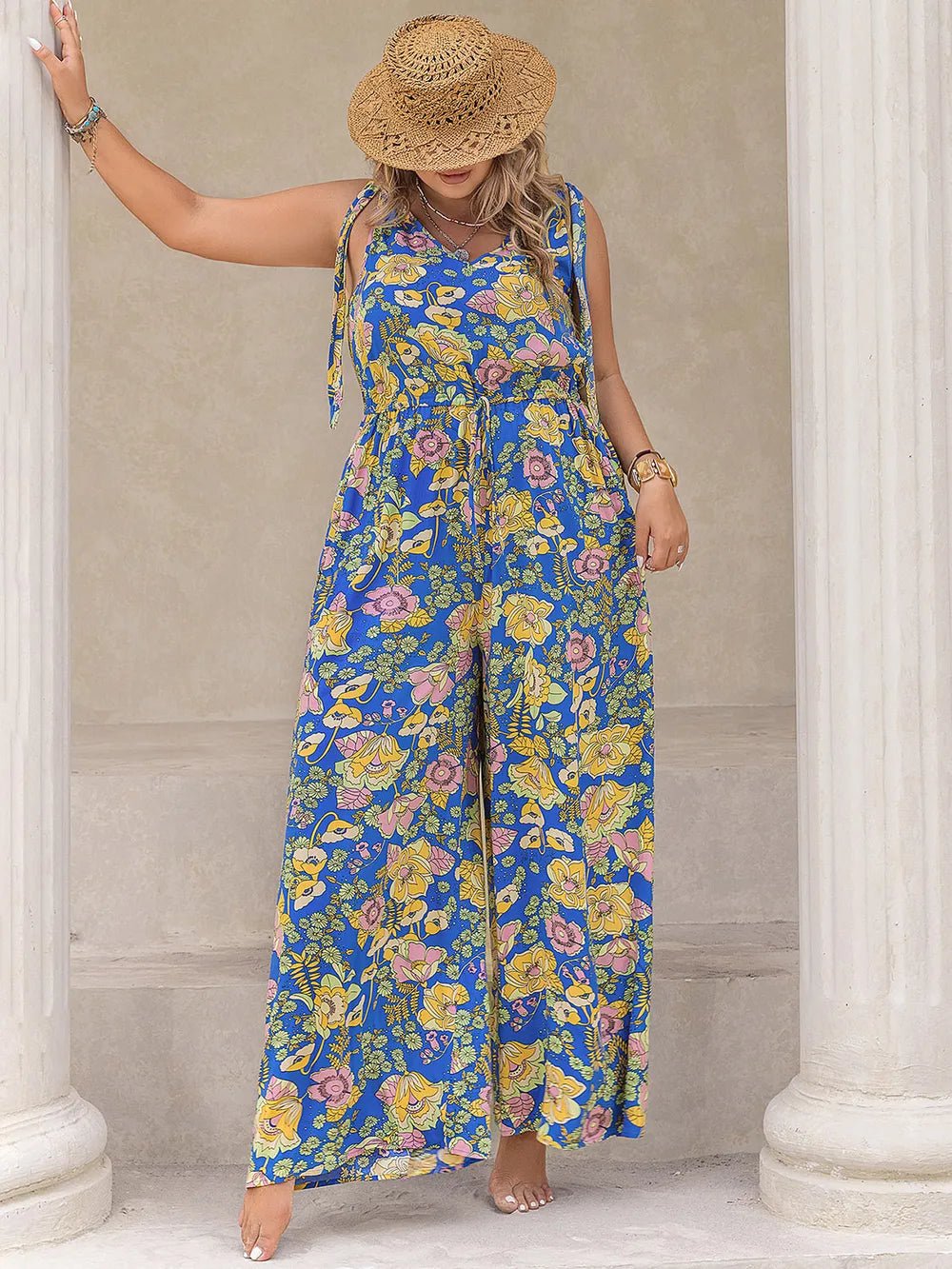 Plus Size Printed V-Neck Wide Leg Jumpsuit - Lookzlike