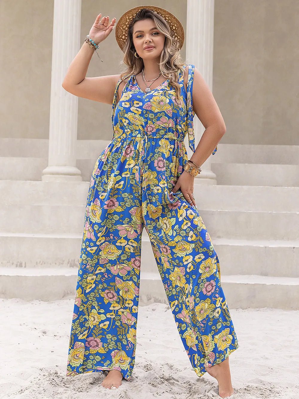 Plus Size Printed V-Neck Wide Leg Jumpsuit - Lookzlike