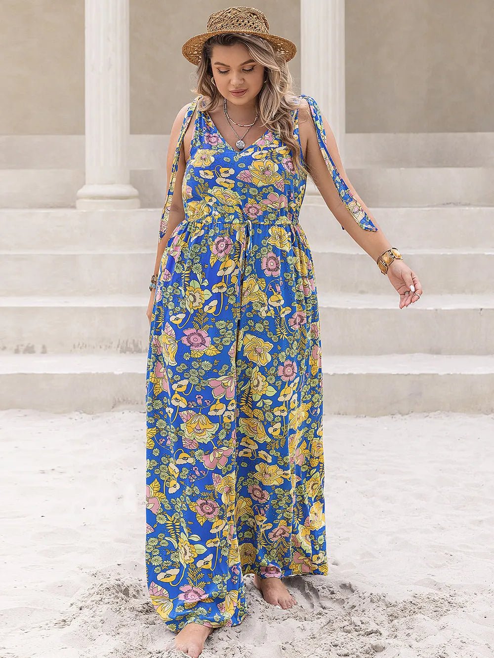 Plus Size Printed V-Neck Wide Leg Jumpsuit - Lookzlike