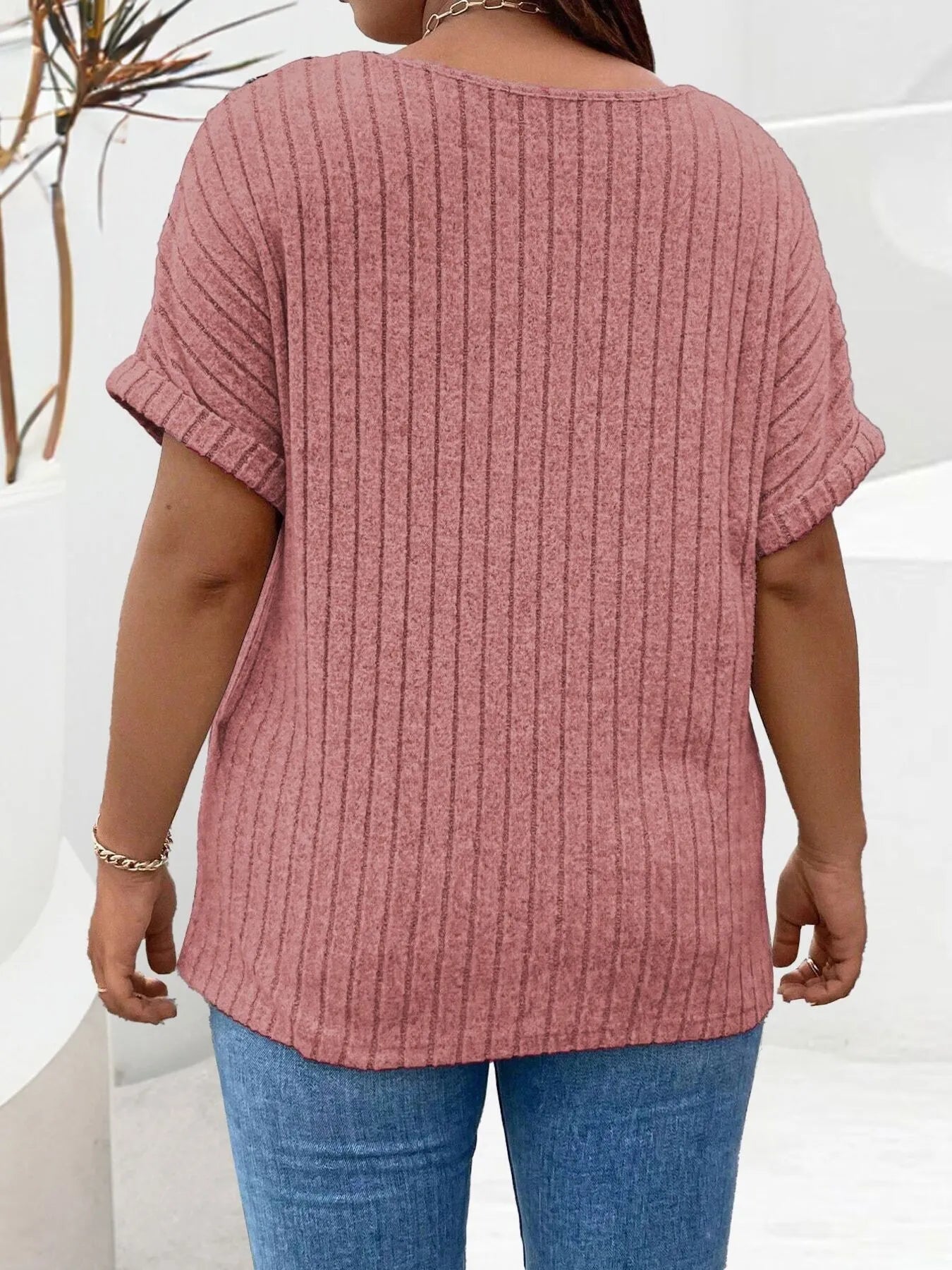 Plus Size Ribbed Half Zip Relaxed Fit T-Shirt - Lookzlike