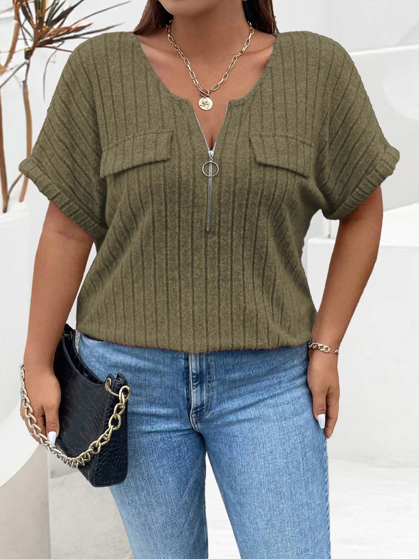 Plus Size Ribbed Half Zip Relaxed Fit T-Shirt - Lookzlike