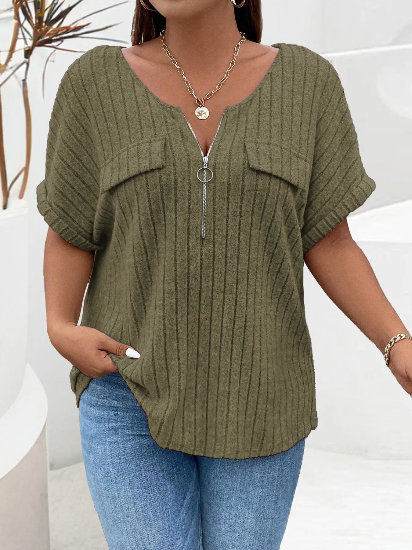 Plus Size Ribbed Half Zip Relaxed Fit T-Shirt - Lookzlike