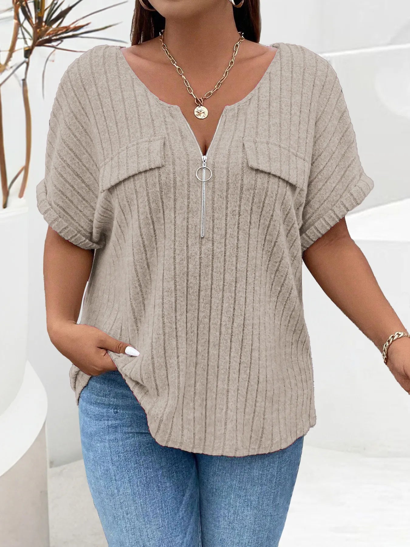 Plus Size Ribbed Half Zip Relaxed Fit T-Shirt - Lookzlike