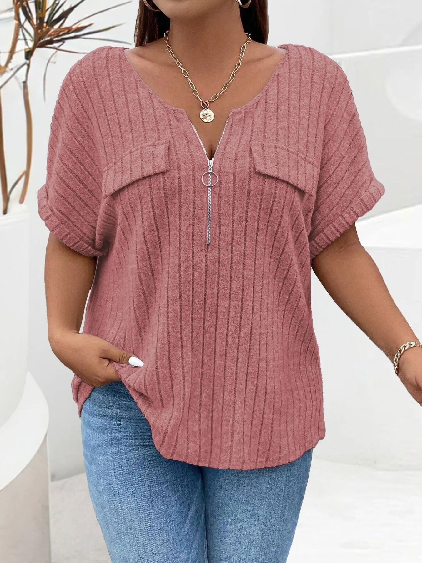 Plus Size Ribbed Half Zip Relaxed Fit T-Shirt - Lookzlike