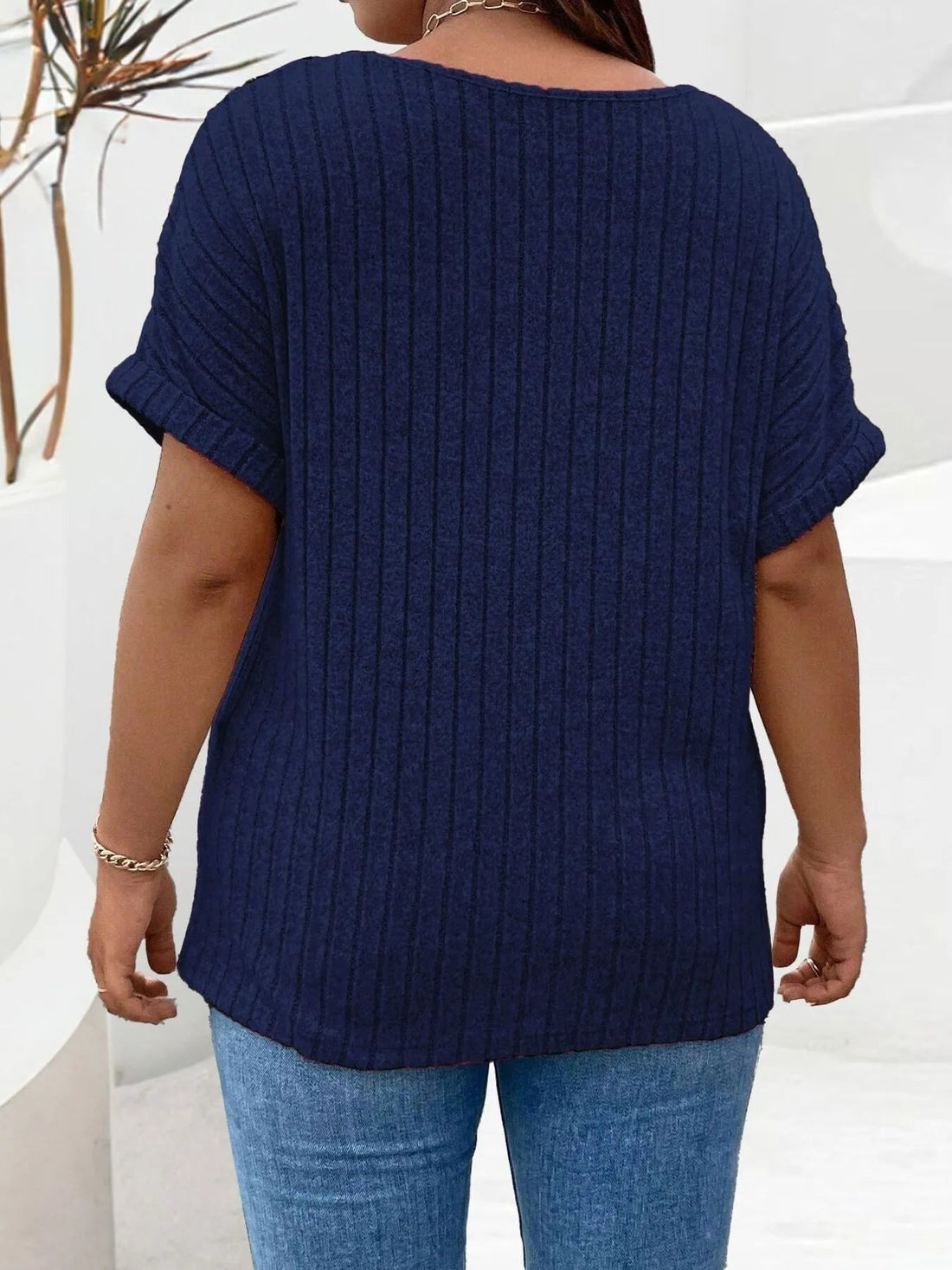 Plus Size Ribbed Half Zip Relaxed Fit T-Shirt - Lookzlike