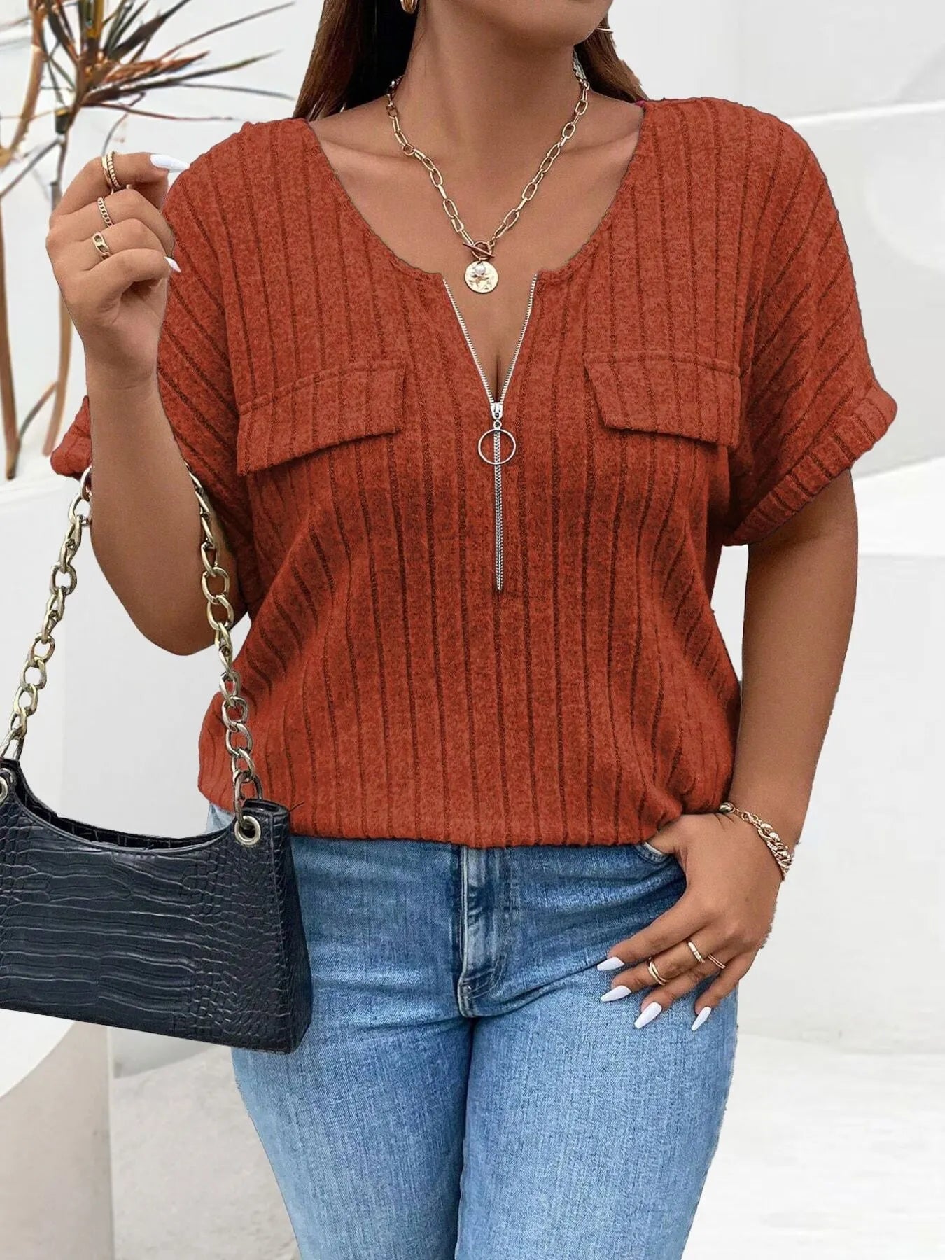 Plus Size Ribbed Half Zip Relaxed Fit T-Shirt - Lookzlike