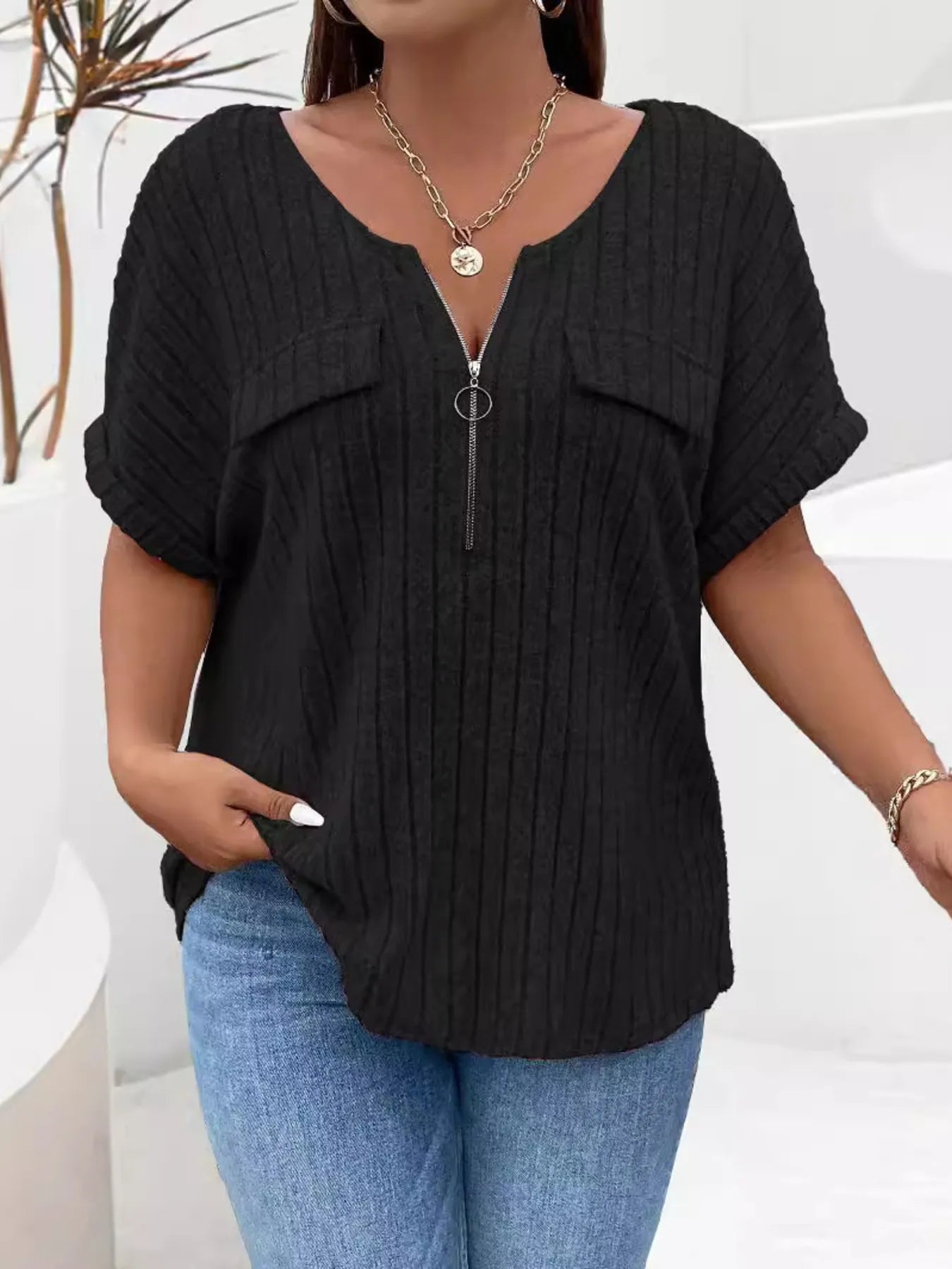 Plus Size Ribbed Half Zip Relaxed Fit T-Shirt - Lookzlike