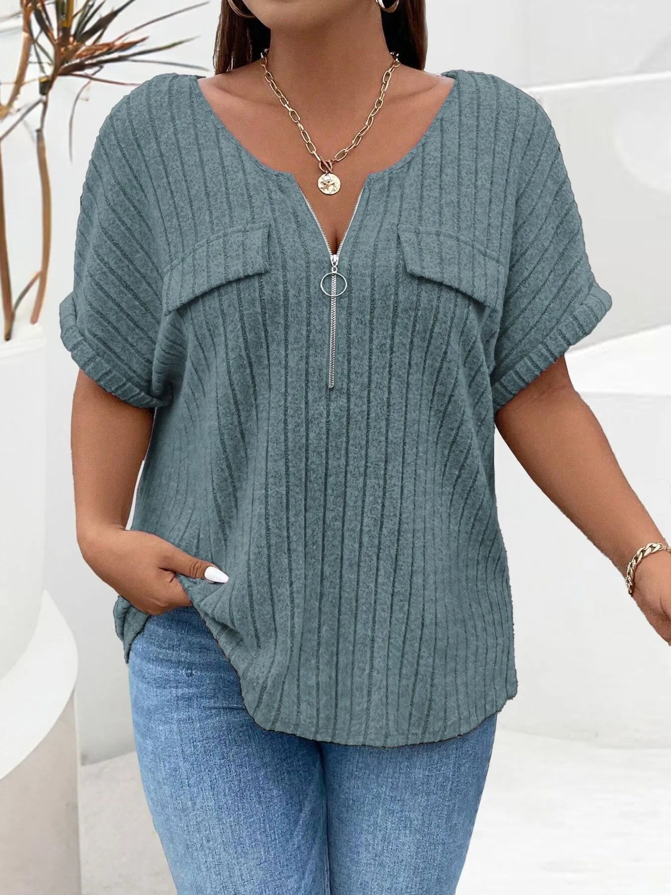 Plus Size Ribbed Half Zip Relaxed Fit T-Shirt - Lookzlike