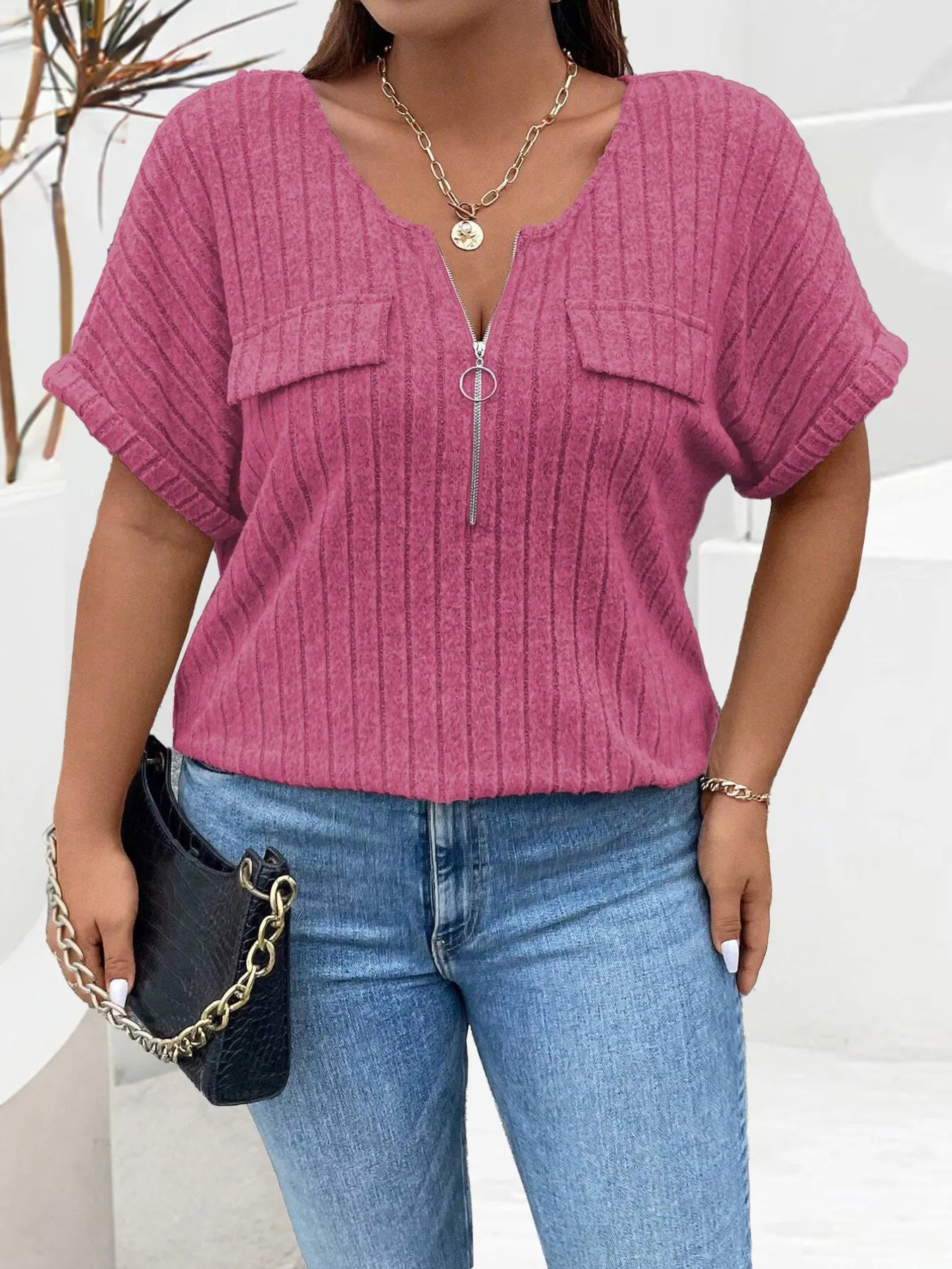 Plus Size Ribbed Half Zip Relaxed Fit T-Shirt - Lookzlike