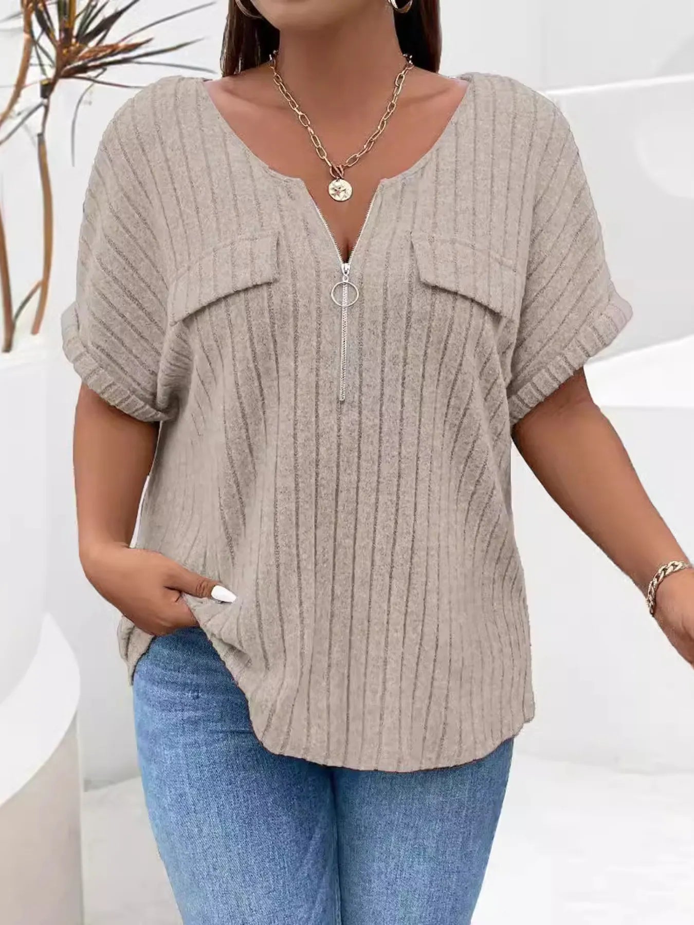 Plus Size Ribbed Half Zip Relaxed Fit T-Shirt - Lookzlike