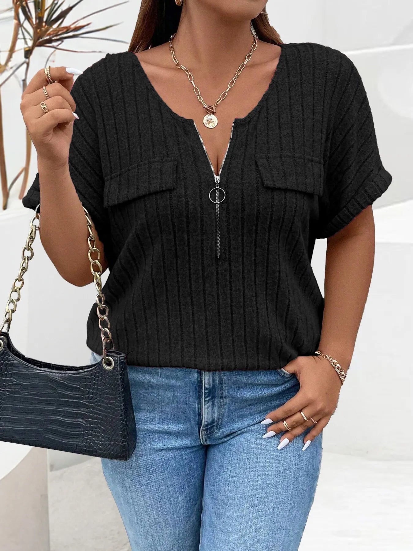 Plus Size Ribbed Half Zip Relaxed Fit T-Shirt - Lookzlike