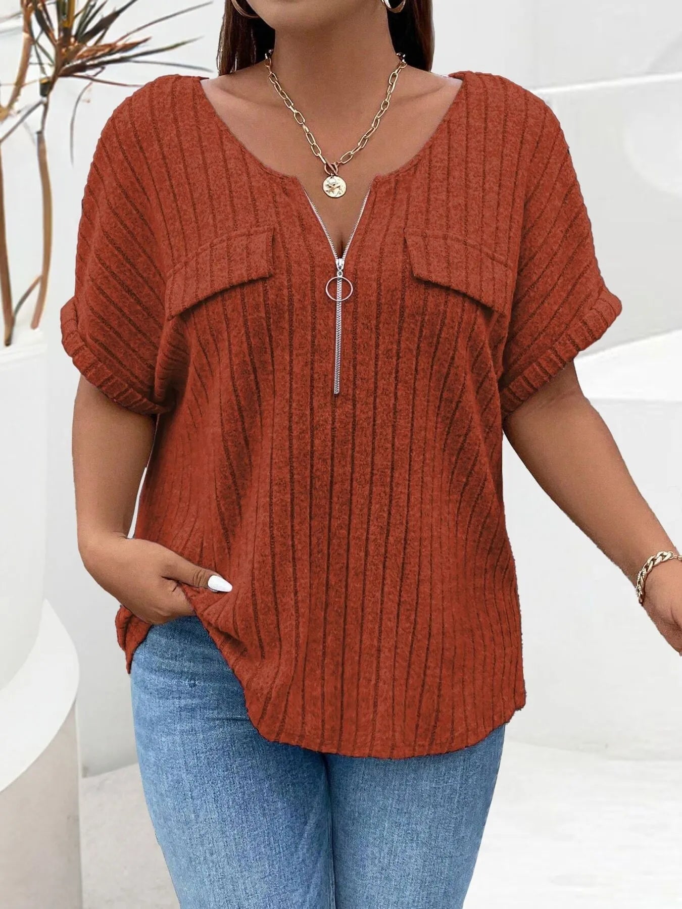 Plus Size Ribbed Half Zip Relaxed Fit T-Shirt - Lookzlike