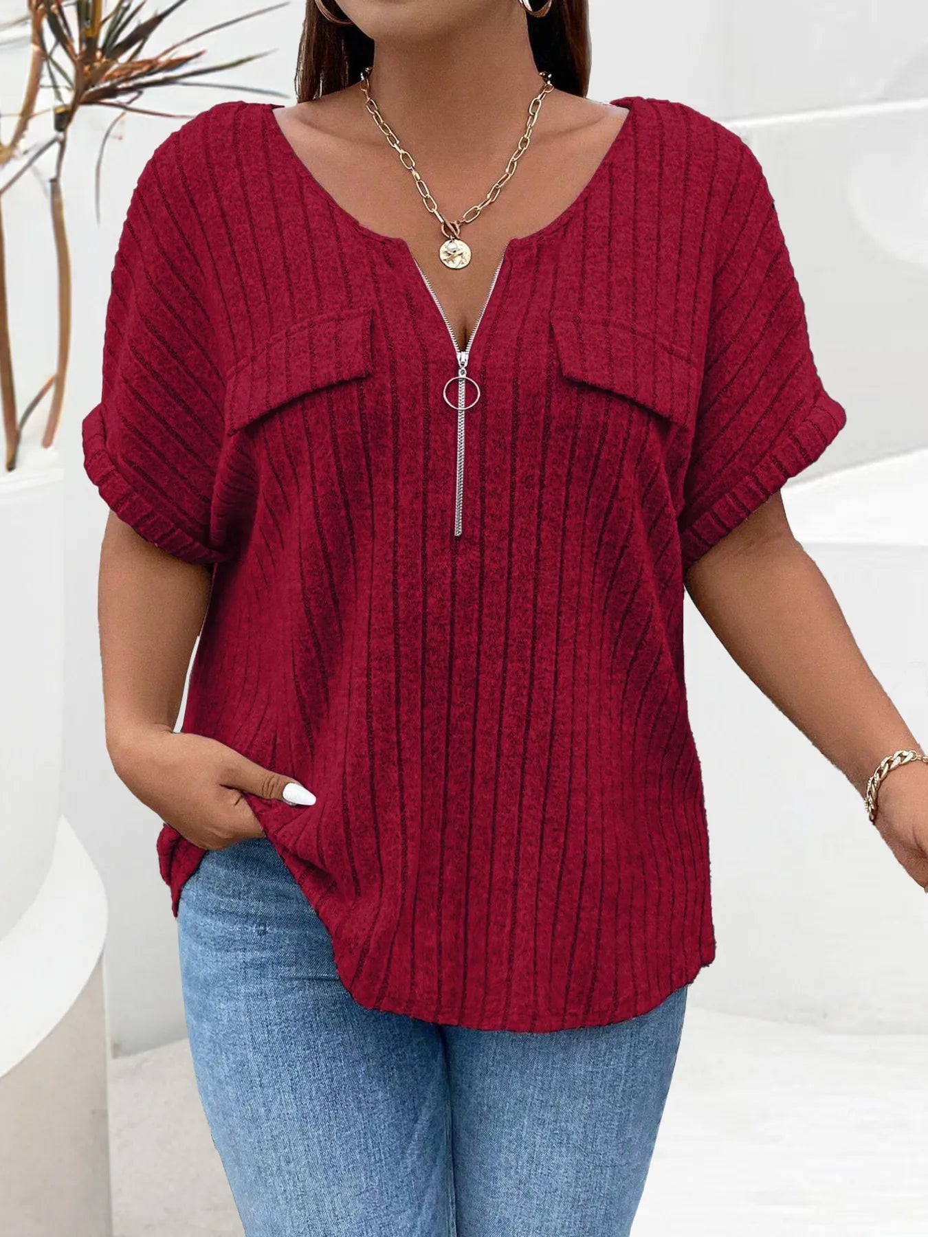 Plus Size Ribbed Half Zip Relaxed Fit T-Shirt - Lookzlike