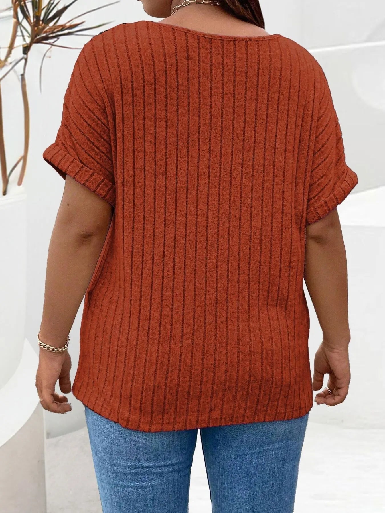 Plus Size Ribbed Half Zip Relaxed Fit T-Shirt - Lookzlike