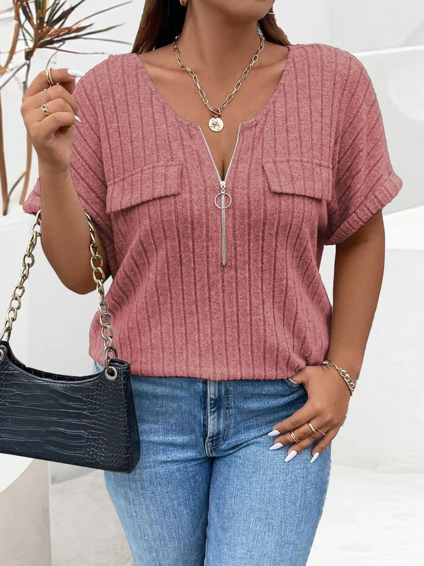 Plus Size Ribbed Half Zip Relaxed Fit T-Shirt - Lookzlike