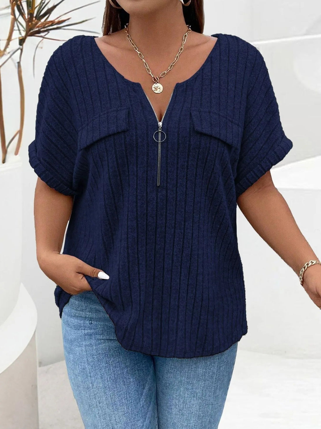 Plus Size Ribbed Half Zip Relaxed Fit T-Shirt - Lookzlike