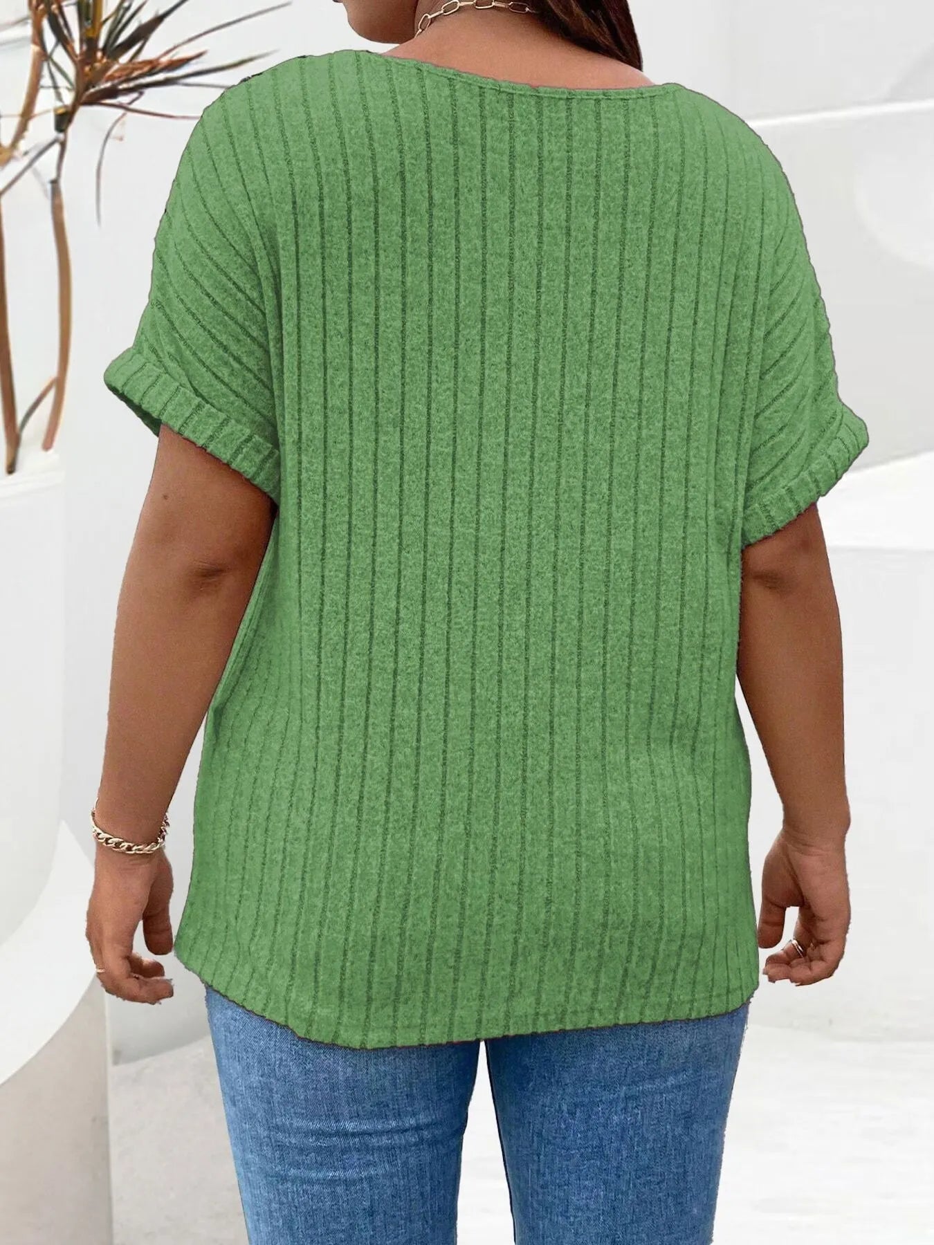 Plus Size Ribbed Half Zip Relaxed Fit T-Shirt - Lookzlike