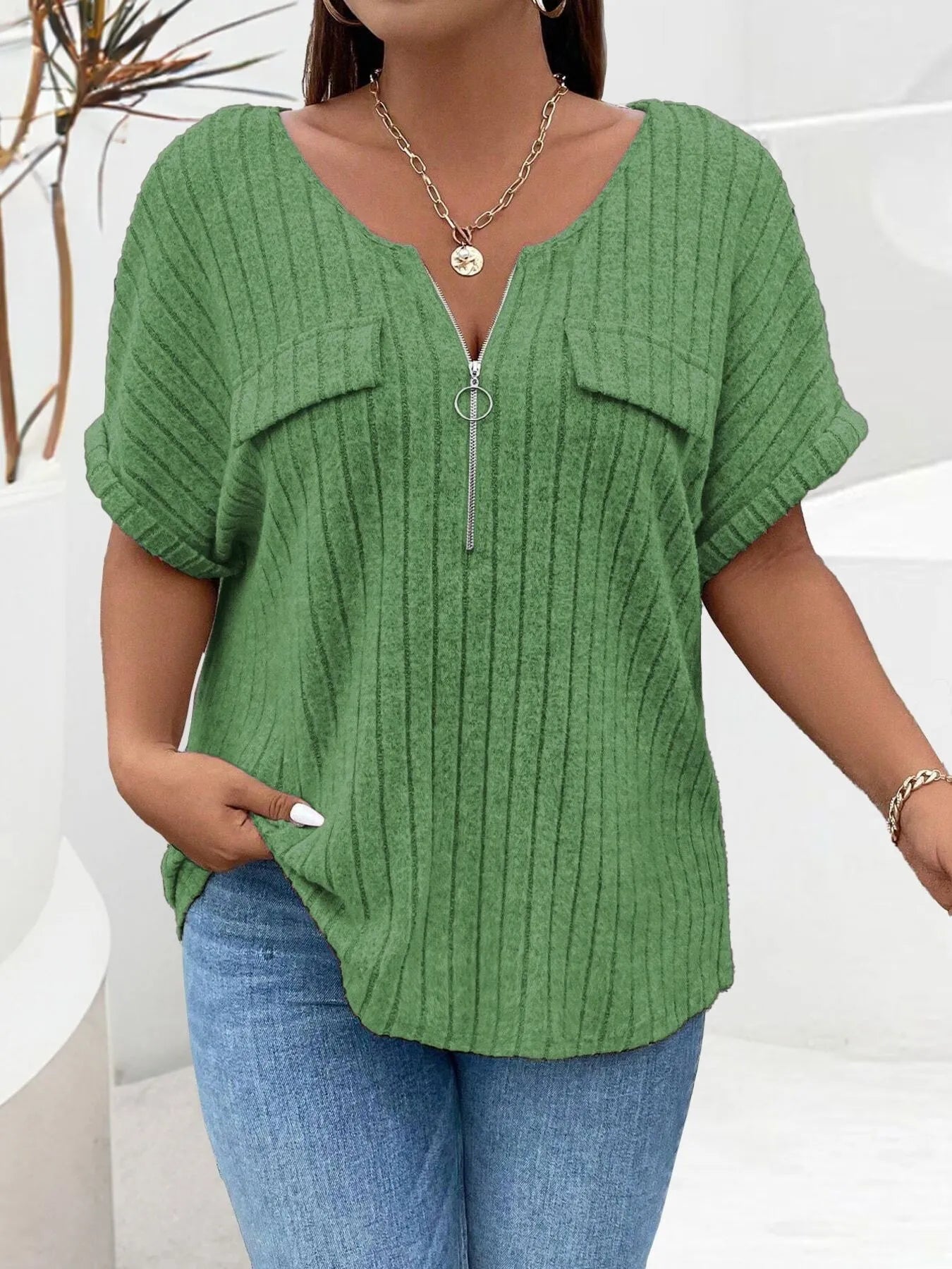 Plus Size Ribbed Half Zip Relaxed Fit T-Shirt - Lookzlike