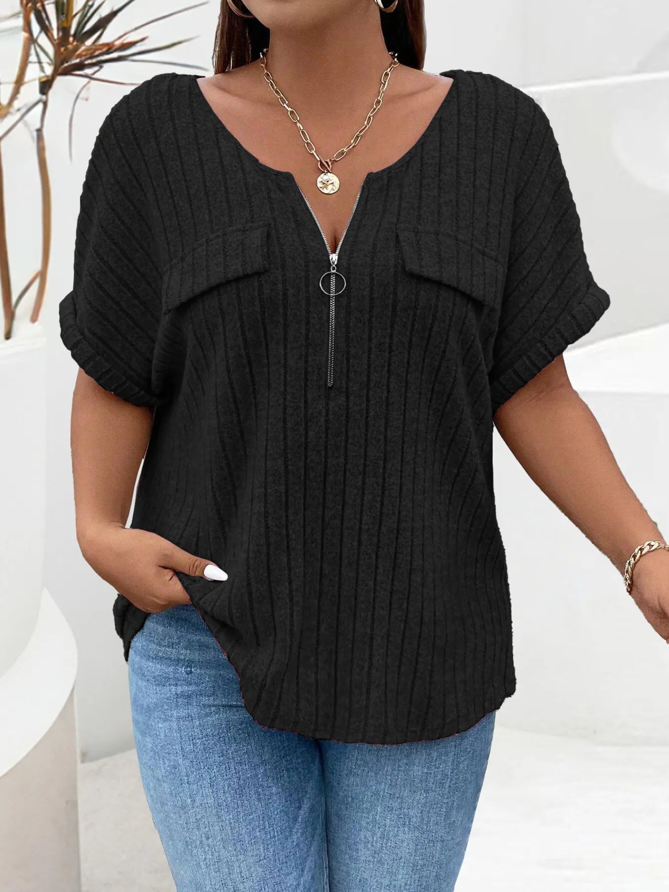 Plus Size Ribbed Half Zip Relaxed Fit T-Shirt - Lookzlike
