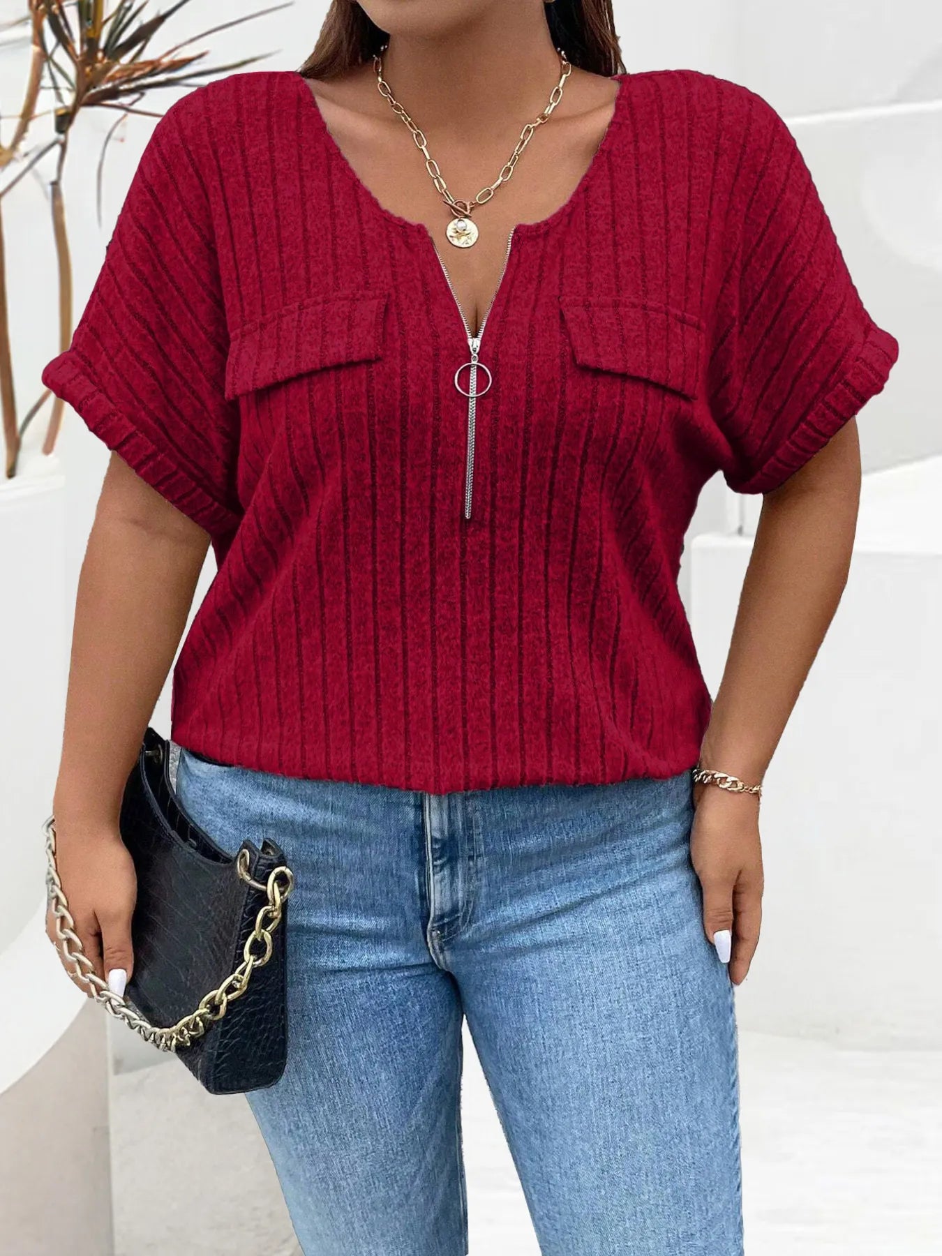 Plus Size Ribbed Half Zip Relaxed Fit T-Shirt - Lookzlike