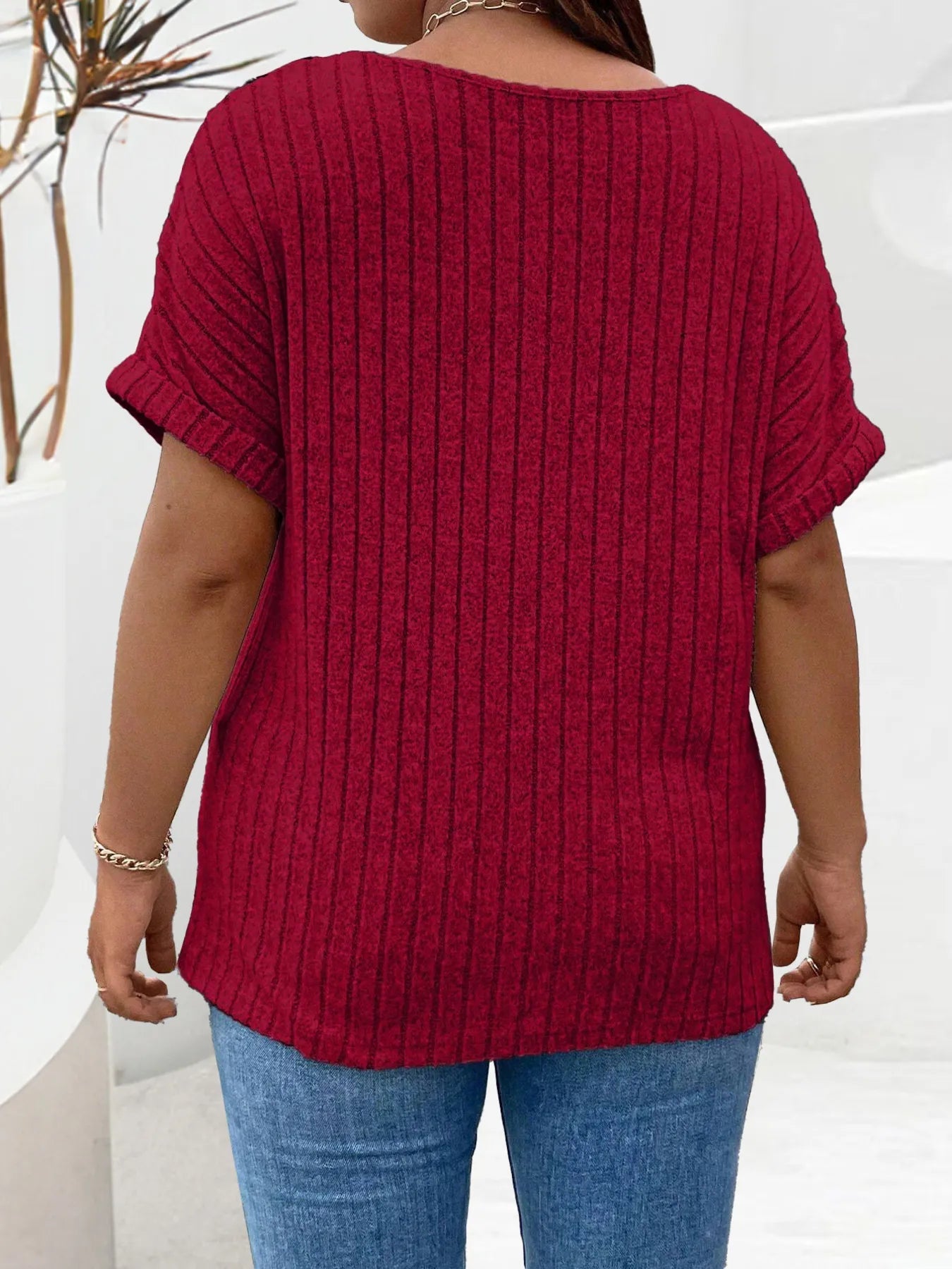 Plus Size Ribbed Half Zip Relaxed Fit T-Shirt - Lookzlike