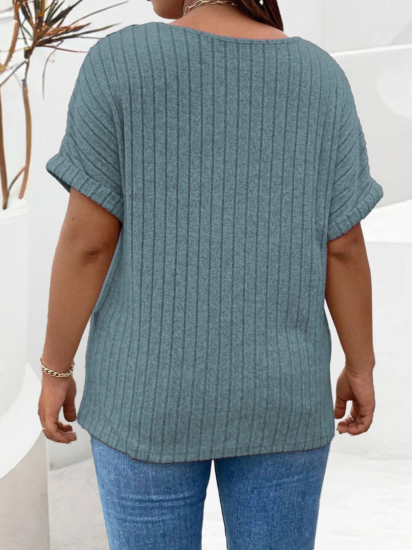 Plus Size Ribbed Half Zip Relaxed Fit T-Shirt - Lookzlike