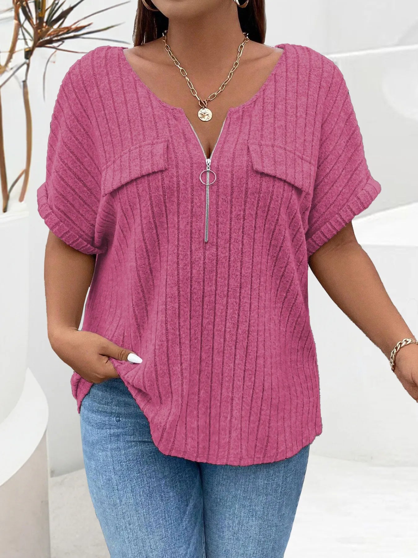 Plus Size Ribbed Half Zip Relaxed Fit T-Shirt - Lookzlike