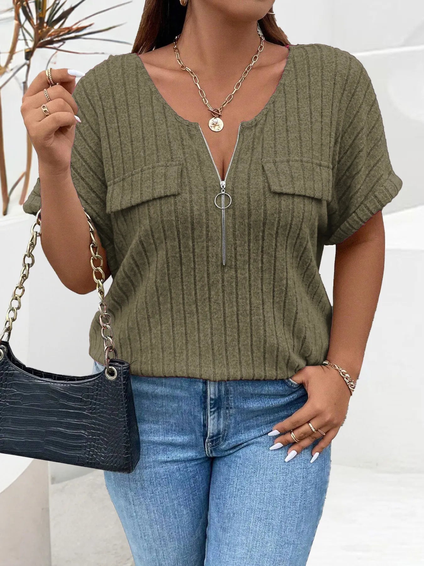 Plus Size Ribbed Half Zip Relaxed Fit T-Shirt - Lookzlike