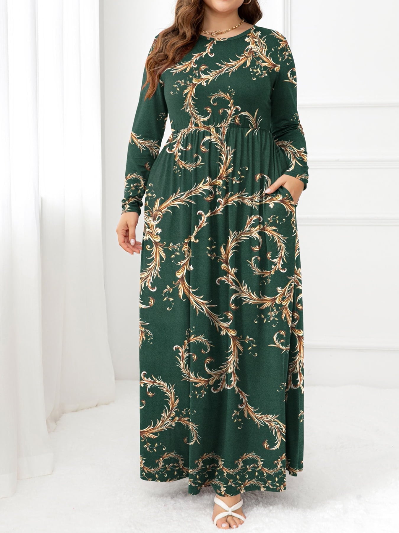 Plus Size Round Neck Maxi Dress with Pockets - Lookzlike