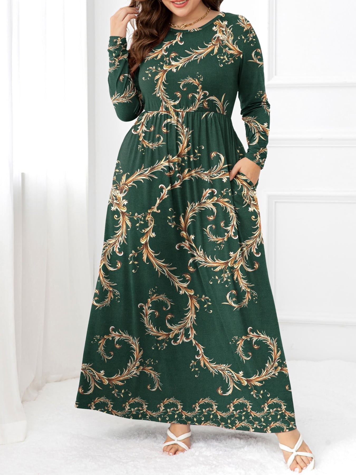 Plus Size Round Neck Maxi Dress with Pockets - Lookzlike