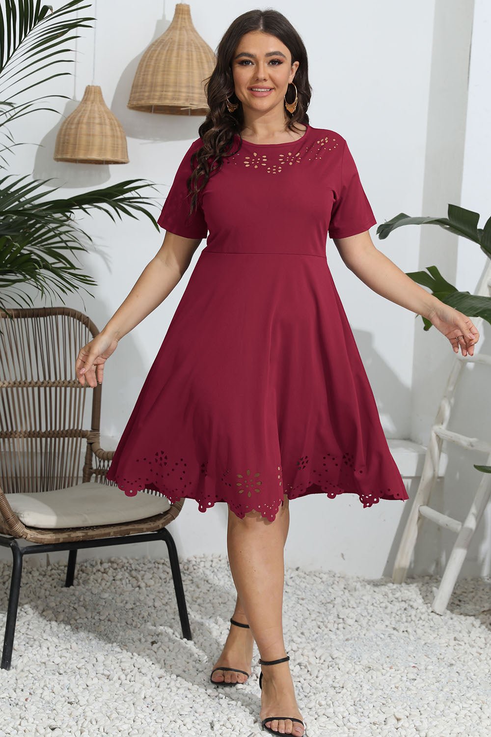 Plus Size Round Neck Openwork Dress - Lookzlike