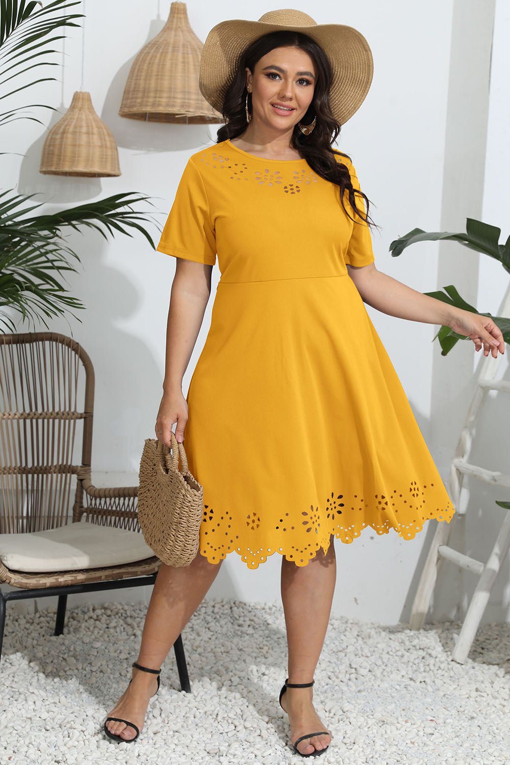 Plus Size Round Neck Openwork Dress - Lookzlike