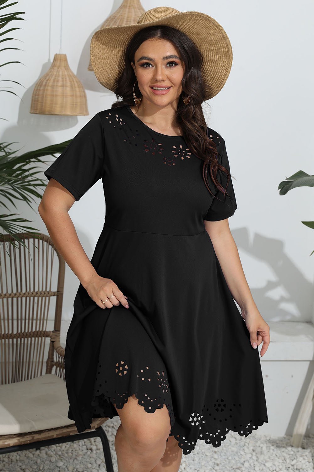Plus Size Round Neck Openwork Dress - Lookzlike