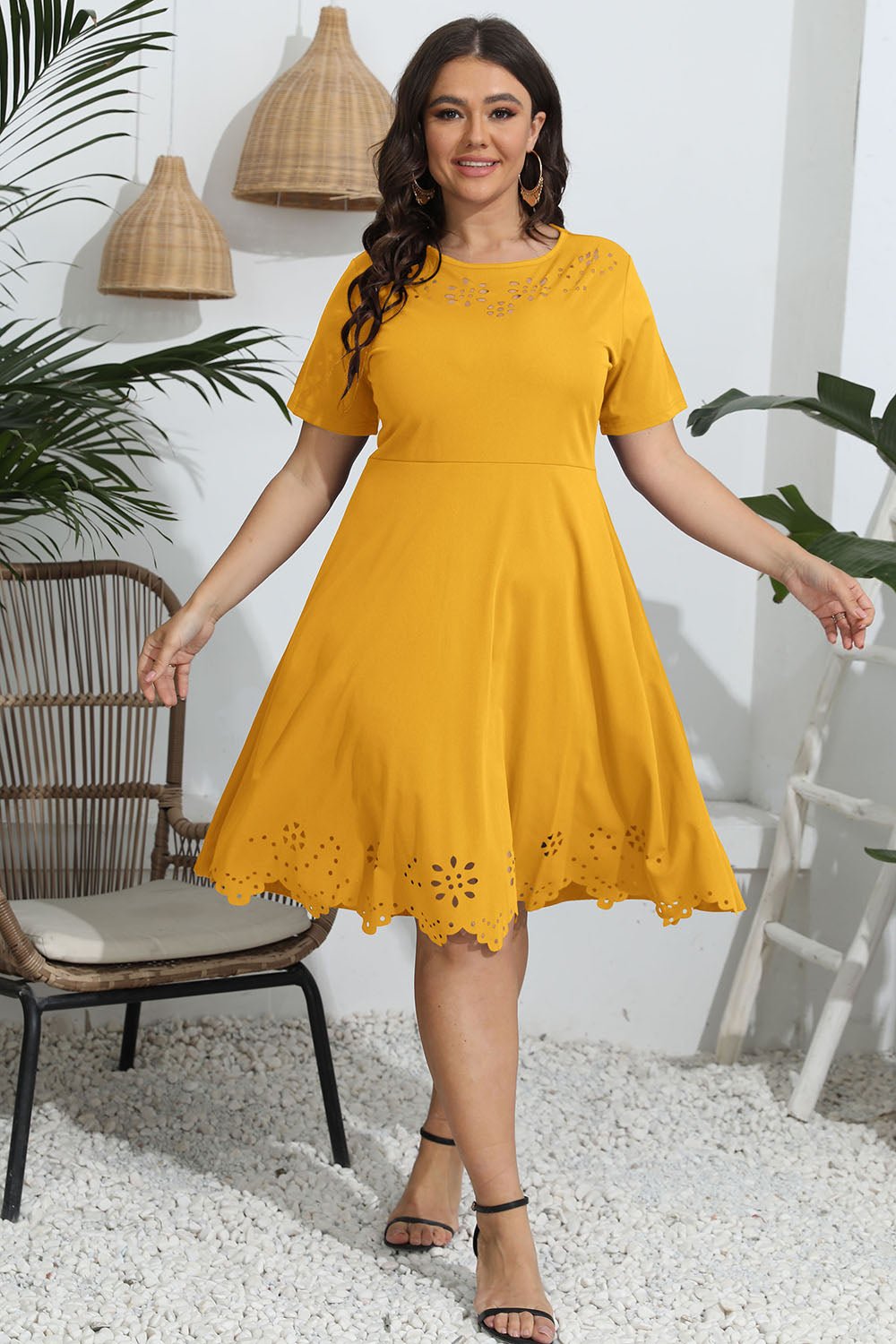 Plus Size Round Neck Openwork Dress - Lookzlike