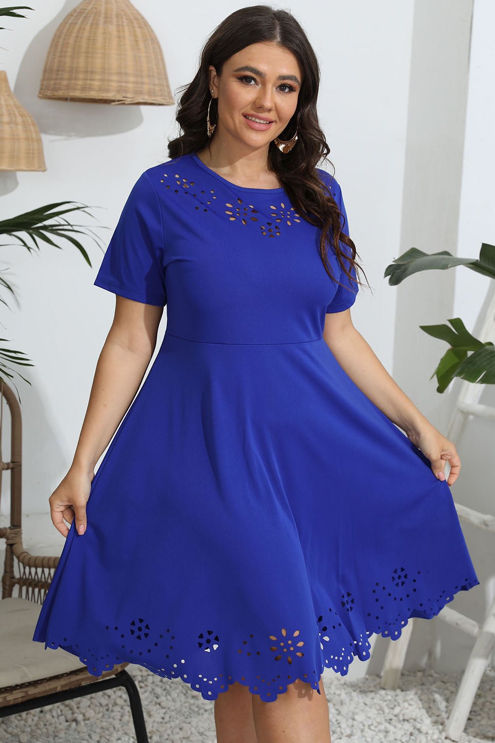 Plus Size Round Neck Openwork Dress - Lookzlike