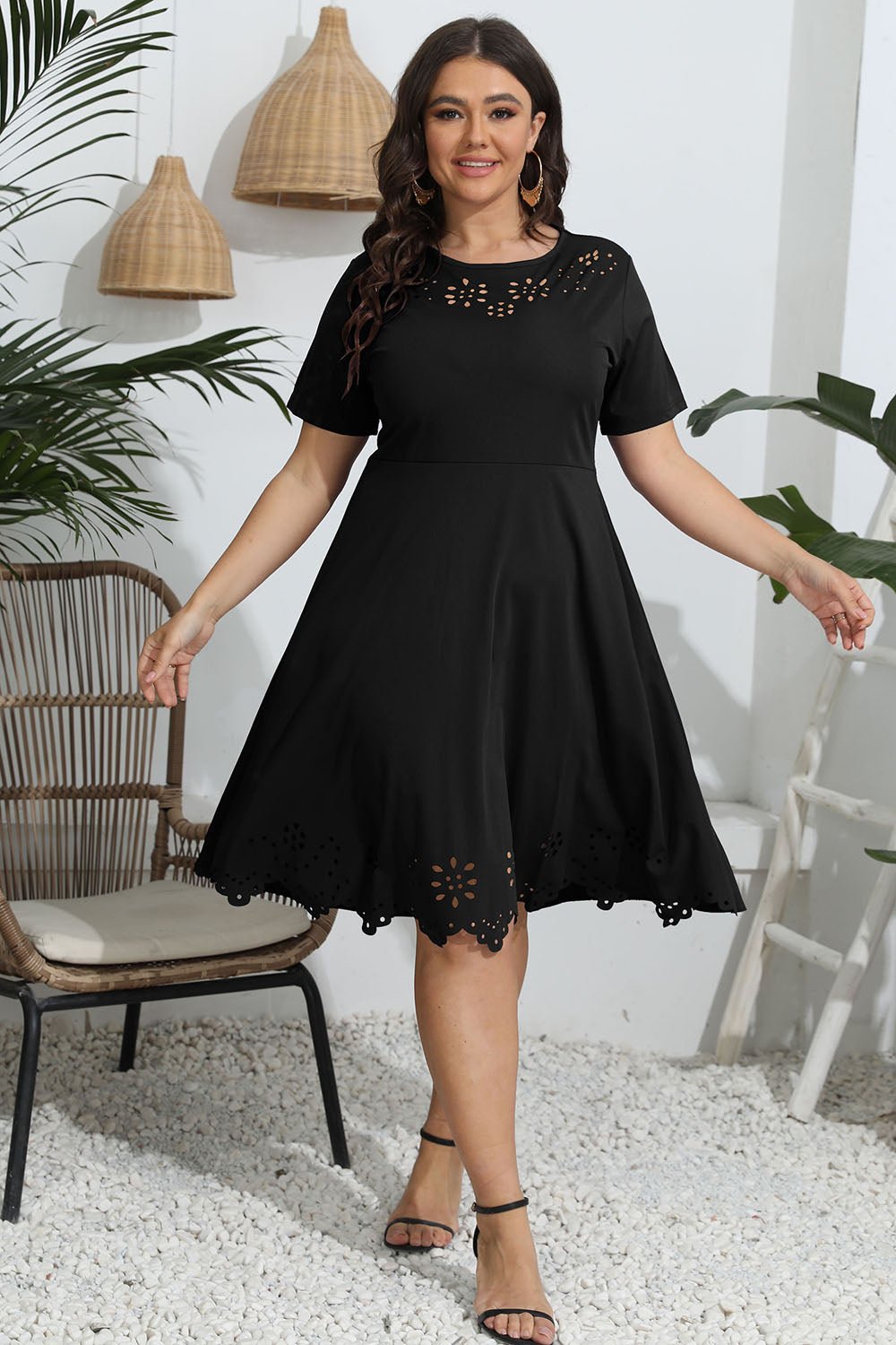 Plus Size Round Neck Openwork Dress - Lookzlike