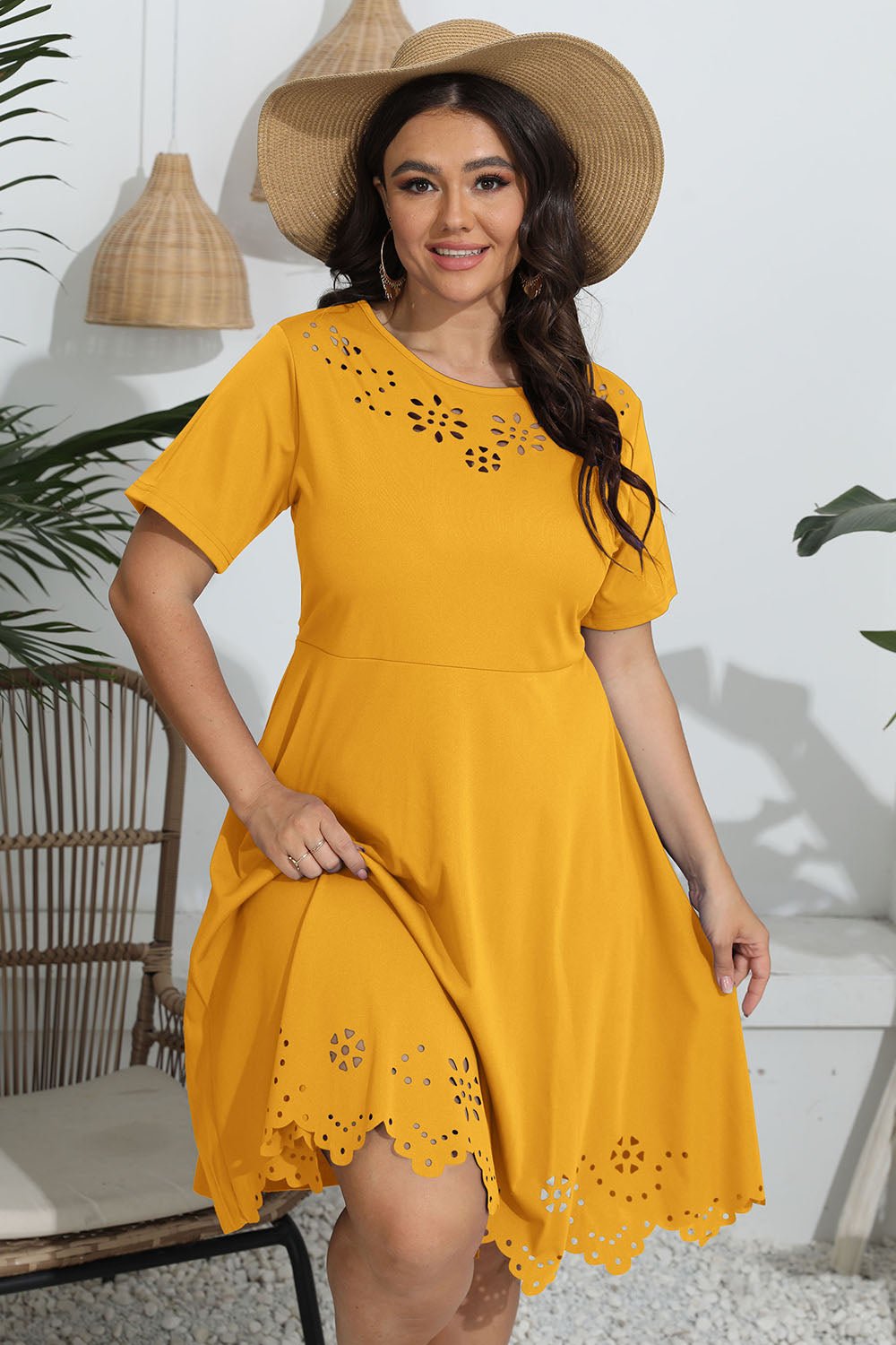 Plus Size Round Neck Openwork Dress - Lookzlike
