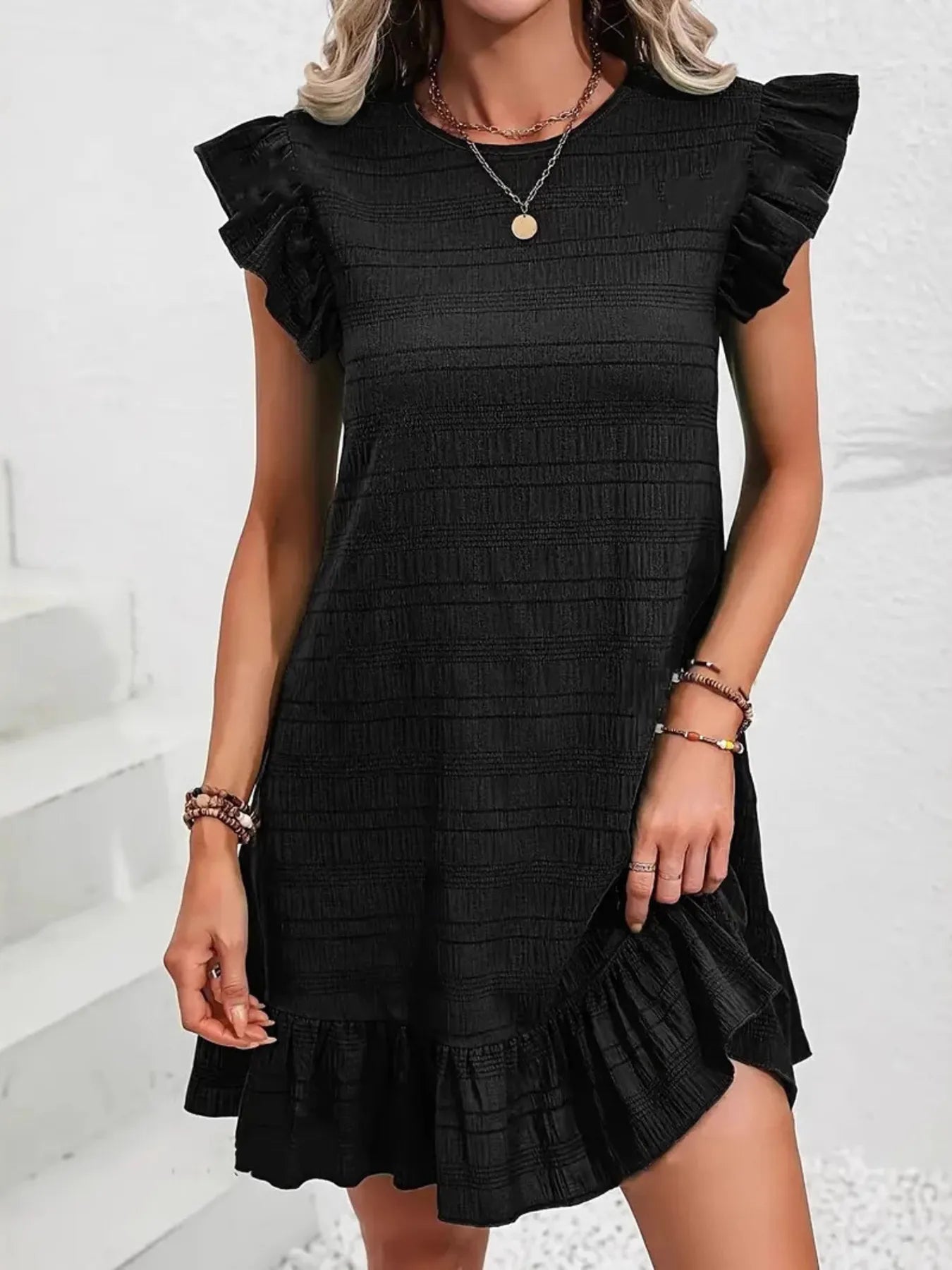Plus Size Ruffle Hen Cap Sleeve Mini Dress - Lookzlike