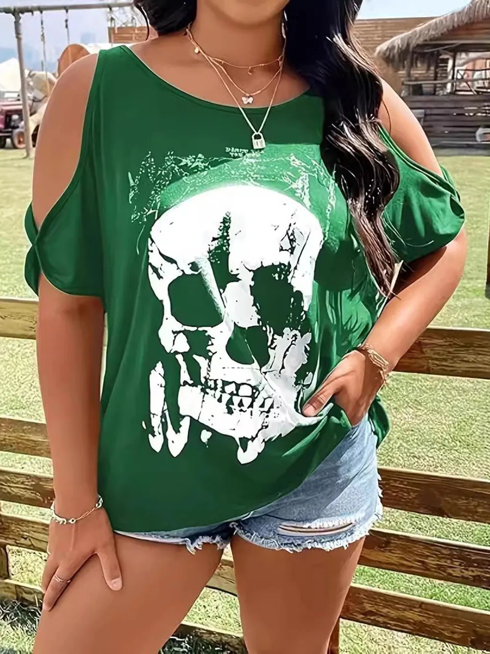 Plus Size Skeleton Graphic Round Neck Cold Shoulder T-Shirt - Lookzlike